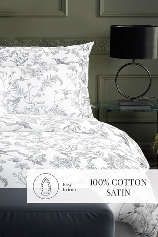 Funda de almohada de satén de algodón 80 hilos/cm² Colibri Floral - Blanco y gris