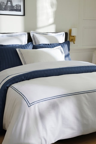 2 fundas de almohada de satén de algodón 80 hilos/cm² Paris - Blanco y azul oscuro