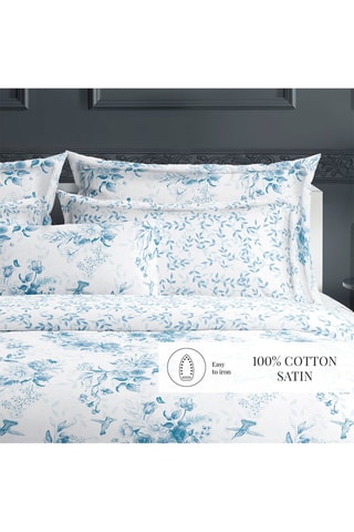 Juego de nórdico de satén de algodón 79 hilos/cm² Bleu floral - Blanco
