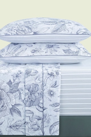 Juego de sábanas de satén de algodón 80 hilos/cm² Fleurs esquissées - Blanco