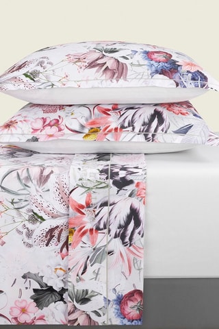 Juego de sábanas de satén de algodón 80 hilos/cm² Fleurs éclatantes - Blanco y rosa