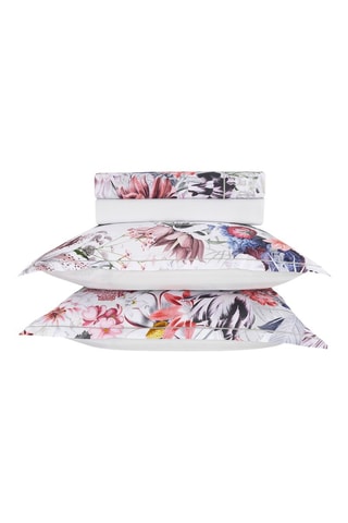 Juego de sábanas de satén de algodón 80 hilos/cm² Fleurs éclatantes - Blanco y rosa