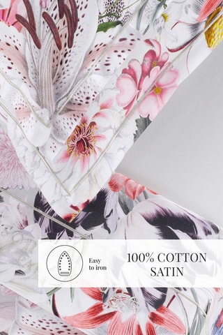 Juego de sábanas de satén de algodón 80 hilos/cm² Fleurs éclatantes - Blanco y rosa