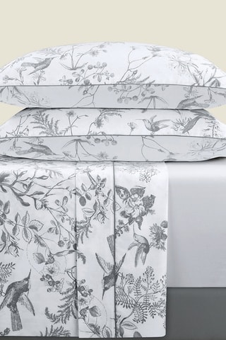 Juego de sábanas de satén de algodón 80 hilos/cm² Colibri floral - Blanco y gris
