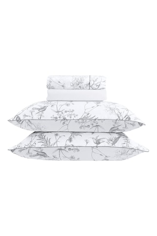 Juego de sábanas de satén de algodón 80 hilos/cm² Colibri floral - Blanco y gris