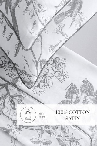 Juego de sábanas de satén de algodón 80 hilos/cm² Colibri floral - Blanco y gris