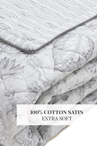 Colcha de satén de algodón 80 hilos/cm² Fleurs esquissées - Blanco y gris