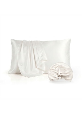 Funda de almohada y gorro de noche de seda - Blanco