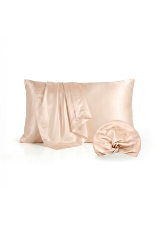 Funda de almohada y gorro de noche de seda - Beige
