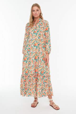 Robe longue regular - Vert, blanc et orange