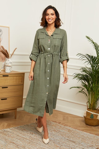 Robe chemise - 100% lin - Kaki