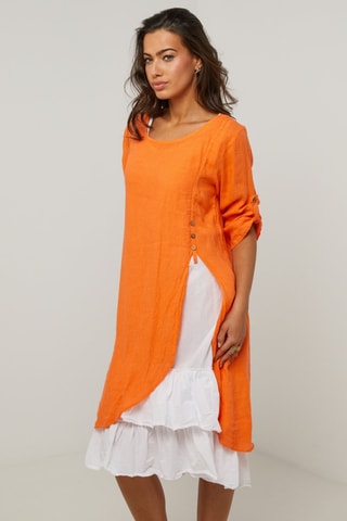 Robe longue - 100% lin - Blanc et orange