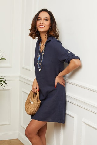 Robe chemise courte - 100% lin - Bleu marine