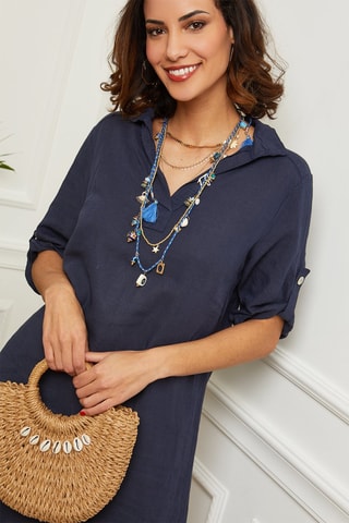 Robe chemise courte - 100% lin - Bleu marine