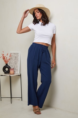 Pantalon taille haute - 100% lin - Bleu marine
