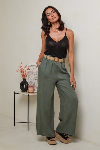 Pantalon taille haute - 100% lin - Kaki