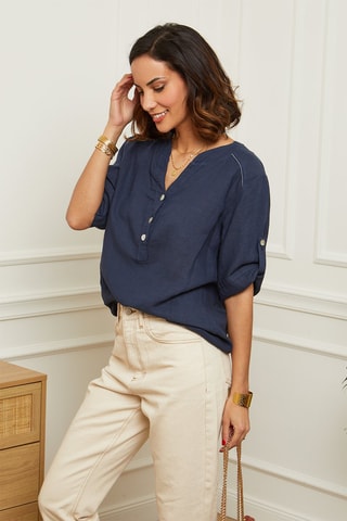 Blouse - 100% lin - Bleu marine