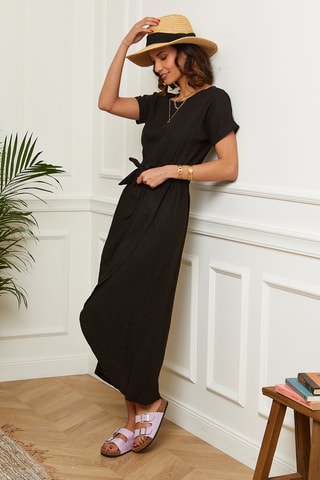 Robe enveloppe longue - 100% lin - Noir