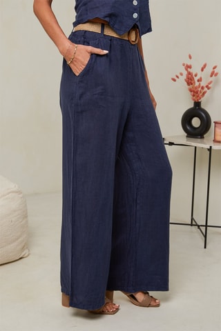 Pantalon taille haute - 100% lin - Bleu marine