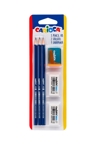 3 crayons à papier HB, 2 gommes et 1 taille crayon