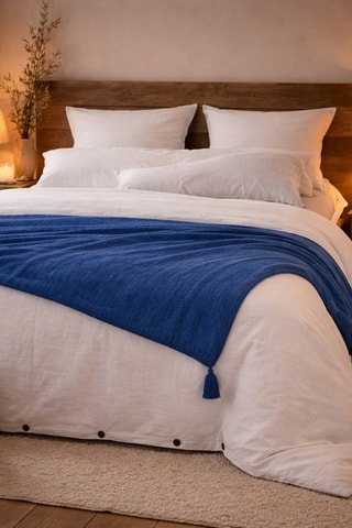 Parure de couette et bout de lit en gaze de coton La Sultane - Blanc et bleu marine
