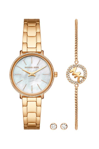 Coffret montre à quartz en acier, bracelet et puces - Doré