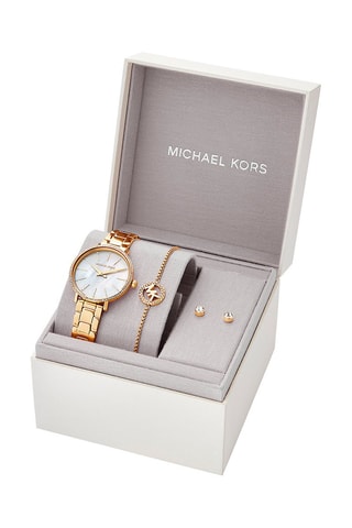 Coffret montre à quartz en acier, bracelet et puces - Doré