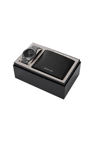 Coffret montre à quartz en acier et portefeuille - Gris et noir