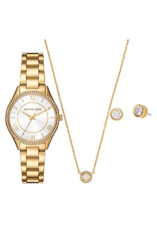 Coffret montre à quartz en acier, collier et puces - Doré et blanc