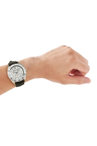 Montre à quartz en cuir - Chronographe - Noir et argenté