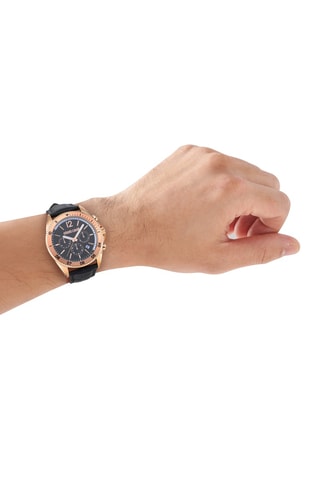 Montre à quartz en cuir - Chronographe - Noir et doré rose