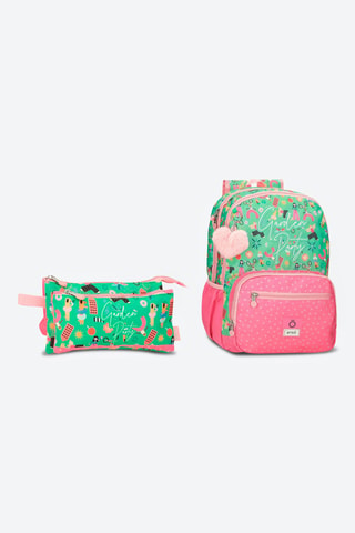 Sac à dos Garden Party et trousse - Vert et rose