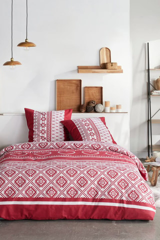 Parure de couette en coton Flanelle - Rouge et écru