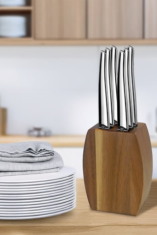 Bloc en bois avec 6 couteaux à steak en acier inoxydable Jet Miroir