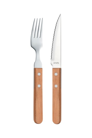 6 couteaux et 6 fourchettes Steak Pizza Bois en acier inoxydable et bois de pakka