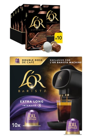 100 cápsulas - Café Chocolate - 10 x 10 cápsulas L'Or Espresso y 50 cápsulas - Café Extralargo - Intensidad 8 - 5 x 10 cápsulas L'Or Barista
