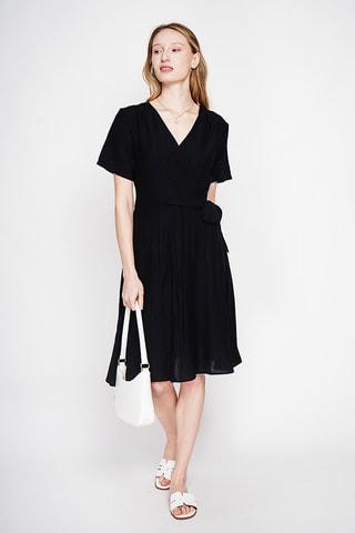 Vestido cruzado de lino - Negro