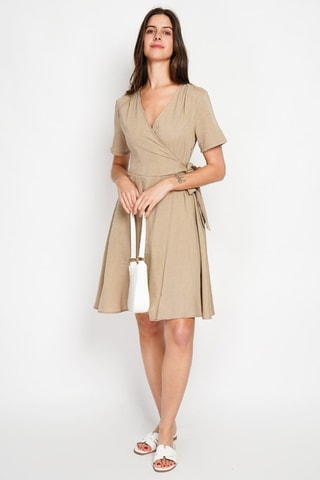 Vestido cruzado de lino - Camel