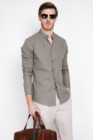 Camisa slim fit de lino - Caqui