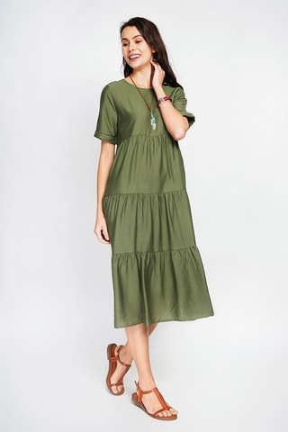 Vestido midi de lino - Caqui