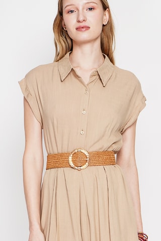 Vestido evasé de lino - Camel