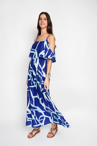 Vestido largo de lino - Azul y blanco
