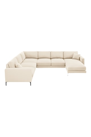 Canapé d'angle panoramique gauche - Beige - 6 places - En tissu velours