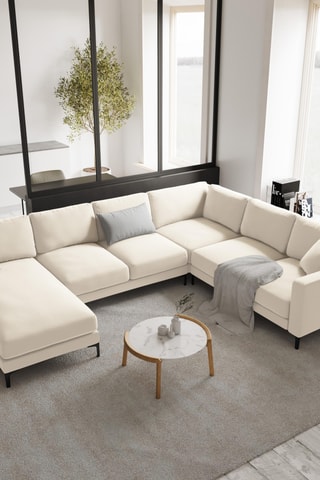 Canapé d'angle panoramique droit - Beige - 6 places - En tissu velours