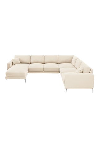 Canapé d'angle panoramique droit - Beige - 6 places - En tissu velours