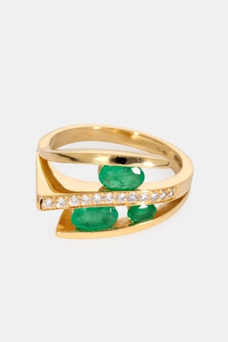 Bague - Or jaune 18 carats, émeraudes et diamants