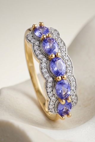Bague - Or jaune, diamants et tanzanites
