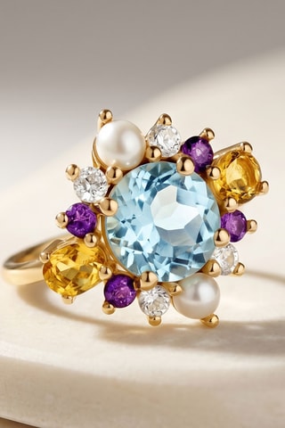 Bague - Or jaune, argent, topaze, améthyste, citrine et perle d'imitation