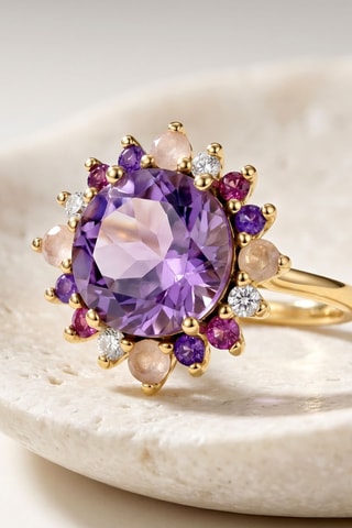 Bague - Or jaune, argent, améthyste, quartz, grenat rhodonite et topaze