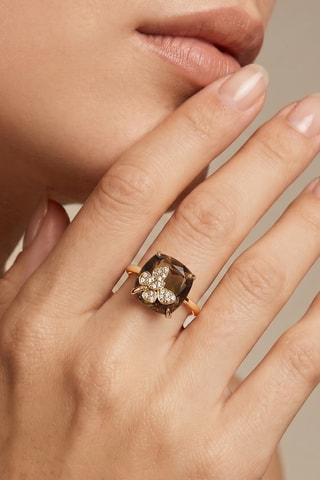 Bague - Or jaune, diamants et quartz fumé